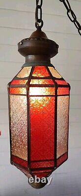 Antique Copper Lantern Pendant Light With Red & Clear Ornate Glass Panels