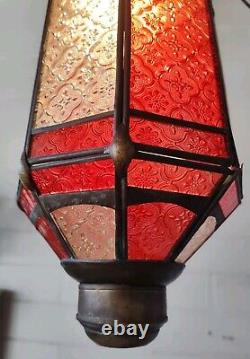 Antique Copper Lantern Pendant Light With Red & Clear Ornate Glass Panels