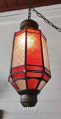 Antique Copper Lantern Pendant Light With Red & Clear Ornate Glass Panels