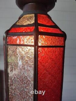 Antique Copper Lantern Pendant Light With Red & Clear Ornate Glass Panels