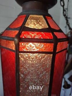 Antique Copper Lantern Pendant Light With Red & Clear Ornate Glass Panels