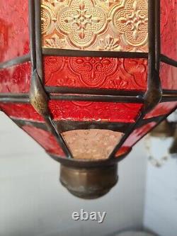 Antique Copper Lantern Pendant Light With Red & Clear Ornate Glass Panels