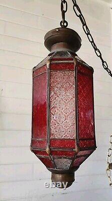 Antique Copper Lantern Pendant Light With Red & Clear Ornate Glass Panels