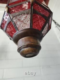 Antique Copper Lantern Pendant Light With Red & Clear Ornate Glass Panels