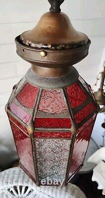 Antique Copper Lantern Pendant Light With Red & Clear Ornate Glass Panels