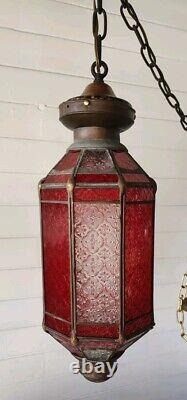 Antique Copper Lantern Pendant Light With Red & Clear Ornate Glass Panels