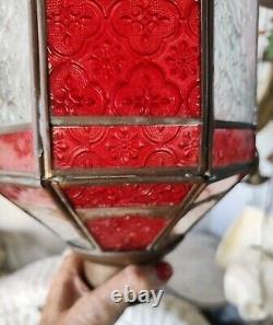 Antique Copper Lantern Pendant Light With Red & Clear Ornate Glass Panels