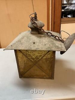 Antique Copper/Slag Glass Hanging Lantern Light Fixture