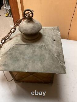 Antique Copper/Slag Glass Hanging Lantern Light Fixture