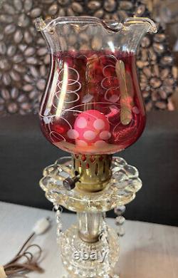 Antique Crystal Prism Mantle Lamp Etched Cranberry Cut To Clear Hwood Regency