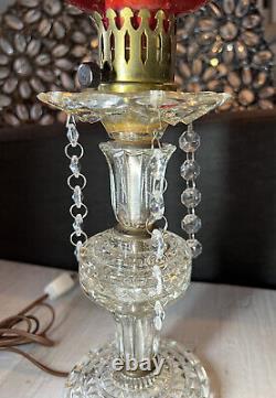 Antique Crystal Prism Mantle Lamp Etched Cranberry Cut To Clear Hwood Regency