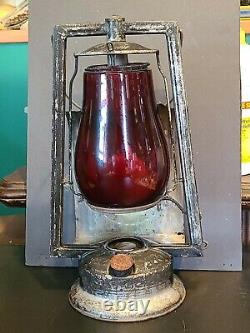 Antique Dietz Kerosene Buckeye Dash Lamp Lantern with LENS New York USA RED GLOBE