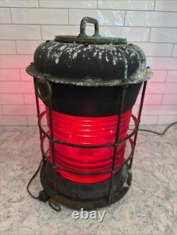Antique Durkee Marine Ship Lantern Red Fresnel Lens Bronze Cage Electrified