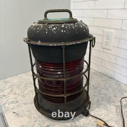 Antique Durkee Marine Ship Lantern Red Fresnel Lens Bronze Cage Electrified