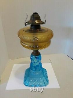 Antique EAPG Amber & Blue Moon & Stars Oil Lamp VINTAGE OIL LAMP BLUE BASE EAGLE
