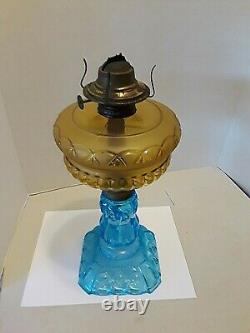 Antique EAPG Amber & Blue Moon & Stars Oil Lamp VINTAGE OIL LAMP BLUE BASE EAGLE