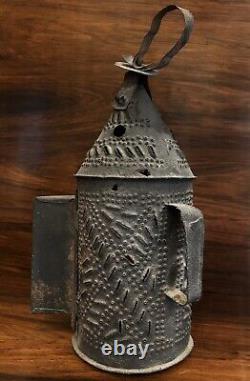 Antique Early 1800s Original Tin Lantern Candle Holder Pierced Punched