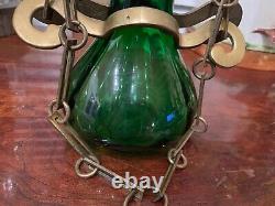 Antique Emerald Green Glass Lantern Hanging with Solid Brass Very Rare Vintage