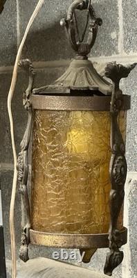 Antique Etched Amber Glass Copper Hanging Lantern Light