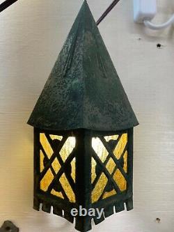 Antique Forged Cast Iron Sconce Lantern Porch Light Leaded Stained Glass Vintage