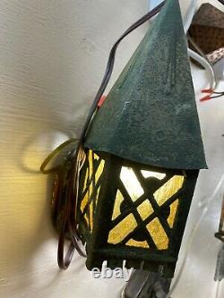 Antique Forged Cast Iron Sconce Lantern Porch Light Leaded Stained Glass Vintage