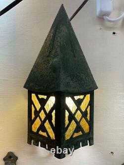 Antique Forged Cast Iron Sconce Lantern Porch Light Leaded Stained Glass Vintage