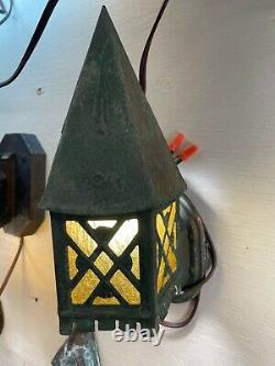 Antique Forged Cast Iron Sconce Lantern Porch Light Leaded Stained Glass Vintage