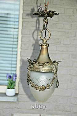 Antique French Chandelier Lantern Lion heads crystal glass shade