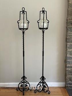 Antique French Tudor Wrought Iron Torchiere Lantern Floor Lamp Stand Pair 68