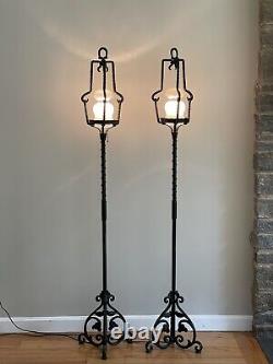Antique French Tudor Wrought Iron Torchiere Lantern Floor Lamp Stand Pair 68