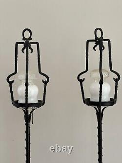 Antique French Tudor Wrought Iron Torchiere Lantern Floor Lamp Stand Pair 68