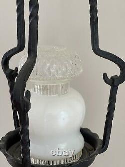 Antique French Tudor Wrought Iron Torchiere Lantern Floor Lamp Stand Pair 68