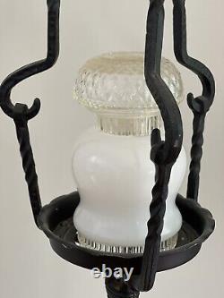 Antique French Tudor Wrought Iron Torchiere Lantern Floor Lamp Stand Pair 68