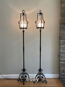 Antique French Tudor Wrought Iron Torchiere Lantern Floor Lamp Stand Pair 68