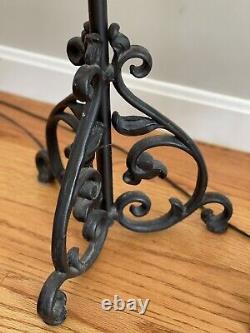 Antique French Tudor Wrought Iron Torchiere Lantern Floor Lamp Stand Pair 68