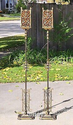 Antique Gothic Mission Torchiere Floor Lamps Mica Shades Oscar Bach 20's Dragons