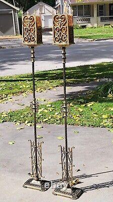 Antique Gothic Mission Torchiere Floor Lamps Mica Shades Oscar Bach 20's Dragons