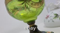 Antique Green Hurricane Lamp withFloral Scalloped Globe