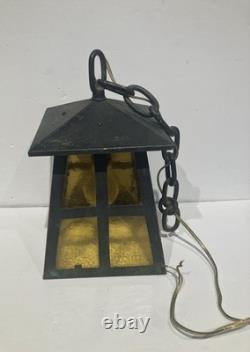 Antique HUBBLE Bronze Porch Lantern / 1930's / Arts&Crafts Mission / Amber Glass