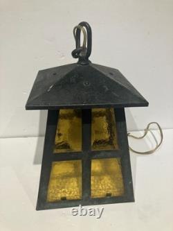 Antique HUBBLE Bronze Porch Lantern / 1930's / Arts&Crafts Mission / Amber Glass