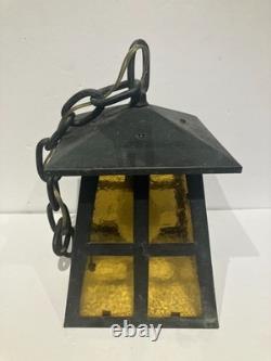 Antique HUBBLE Bronze Porch Lantern / 1930's / Arts&Crafts Mission / Amber Glass