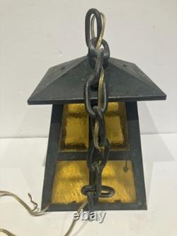 Antique HUBBLE Bronze Porch Lantern / 1930's / Arts&Crafts Mission / Amber Glass