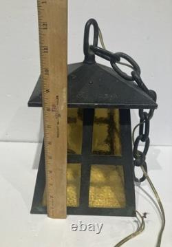 Antique HUBBLE Bronze Porch Lantern / 1930's / Arts&Crafts Mission / Amber Glass