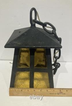 Antique HUBBLE Bronze Porch Lantern / 1930's / Arts&Crafts Mission / Amber Glass