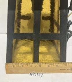 Antique HUBBLE Bronze Porch Lantern / 1930's / Arts&Crafts Mission / Amber Glass