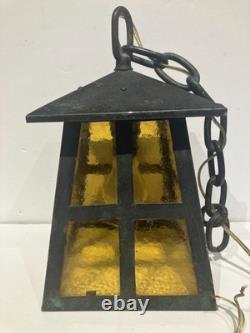 Antique HUBBLE Bronze Porch Lantern / 1930's / Arts&Crafts Mission / Amber Glass