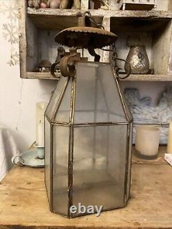 Antique Hall Lantern Or Porch Lantern Tin And Glass