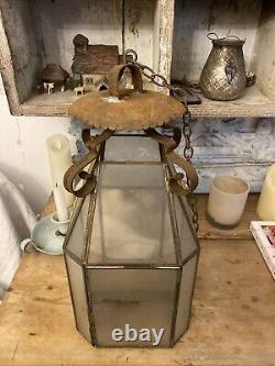 Antique Hall Lantern Or Porch Lantern Tin And Glass