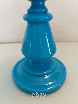 Antique Hand Blown Liegoise Blue Opaline Glass Oil Lamp Base Only Lantern