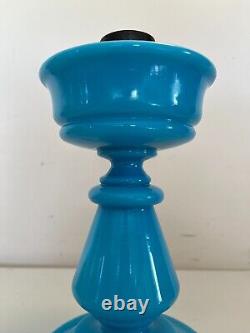 Antique Hand Blown Liegoise Blue Opaline Glass Oil Lamp Base Only Lantern